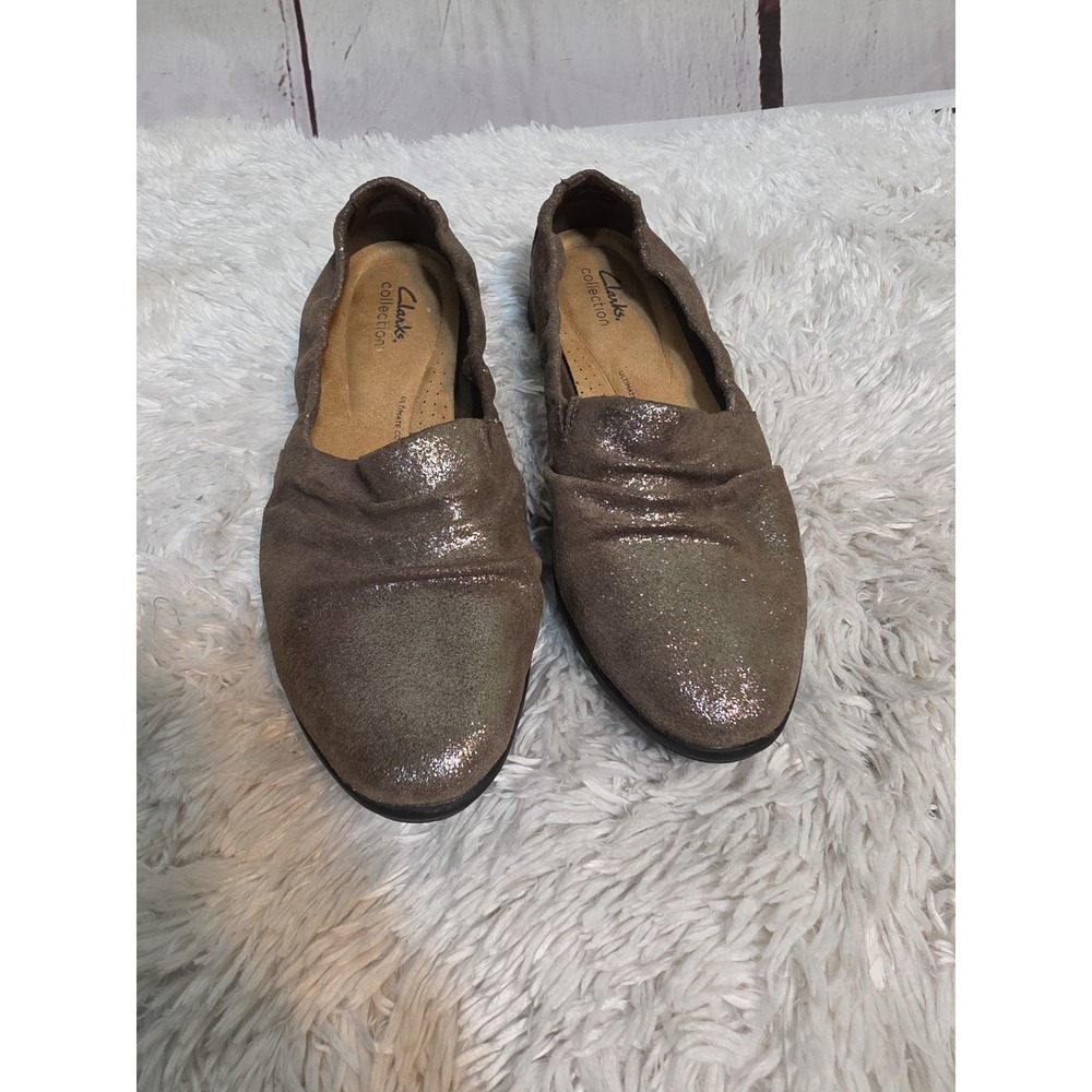 Clarks‎ Collection Metallic Ruched Loafers Taupe Pewter Flats Womens 9.5 M 13288